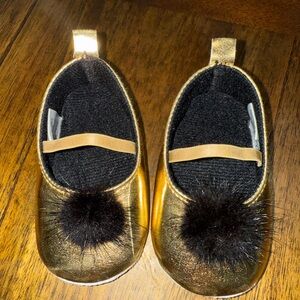 Gold Baby Shoes with Black Pom Pom size 0-6 m